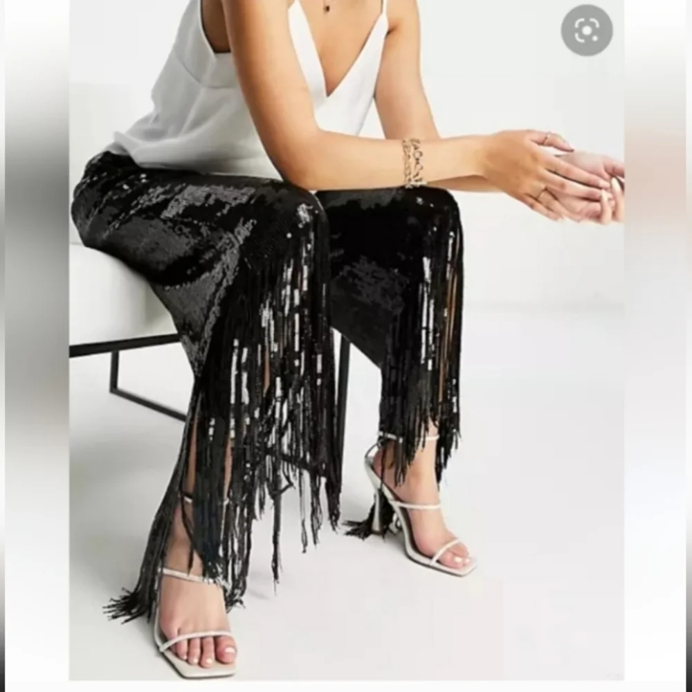 Love highlight black sequin, fringe pants, small - Picture 1 of 12